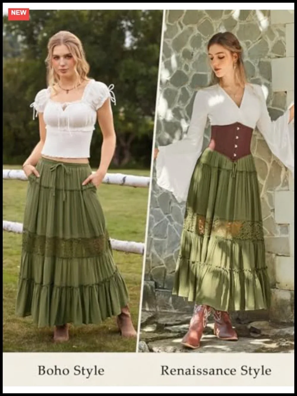 Boho Tiered Lace Maxi Skirt Flowy A-Line with Pockets Renaissance